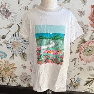 Crewcuts White Graphic T-Shirt with glittery Floral picnic and sea Landscape